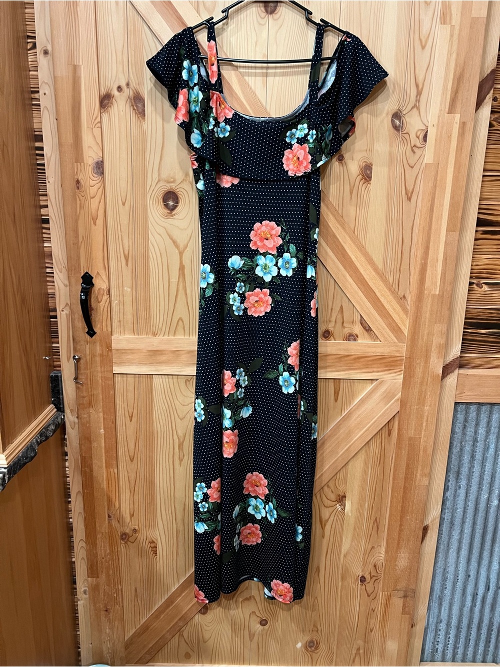 Nina Leonard Black Maxi Dress with Coral & Teal Floral Print